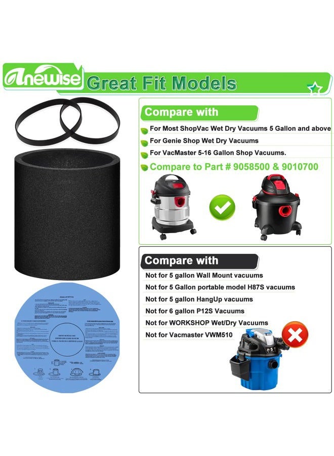 Anewise 3 Pack 90585 Filter Foam Sleeve and 6 Pack 9010700 Dry Filter Disc & 6 Retaining Band for Shop Vac Wet/Dry Vacmaster Genie Shop 5 Gallon Up Vacuum, Compare to Part #9058500, 9010700 - Image 2