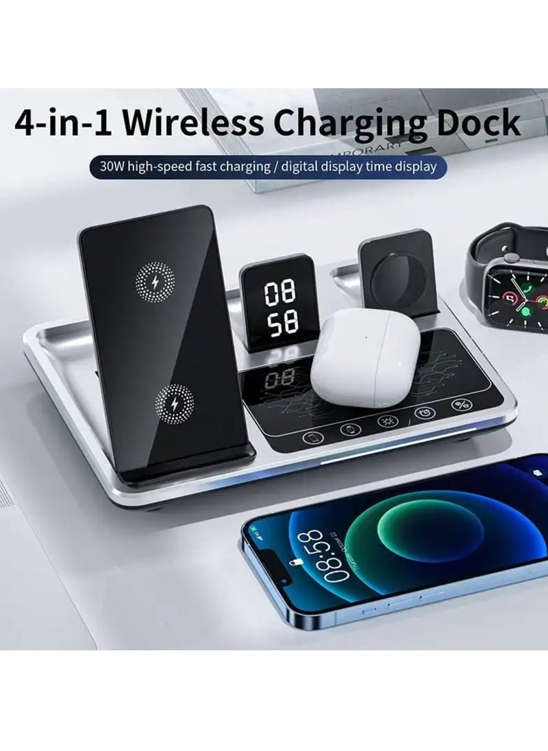 Generic - Smart Touch 4-in-1 Wireless Fast Charging Station Pad with Digital Clock and LED Light for Apple Watch, iPhone, AirPods, and Samsung Devices - Image 1
