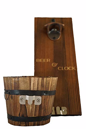 Thirsty Solutions - “Beer O’ Clock” Rustic Wall Mounted Bottle Opener and Catcher - Dark Stain Pine with Zinc Alloy Opener - Removable Wooden Bucket - Man (or Woman) Cave Ready - Image 4