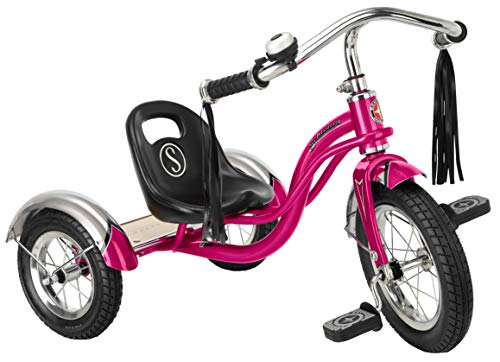 Schwinn Roadster Bike for Toddler Kids Classic Tricycle Low Positioned Steel Trike Frame w Bell Handlebar Tassels Rear Deck Made of Genuine Wood Boys and Girls Ages 24 Year Old Bright Pink - Image 1