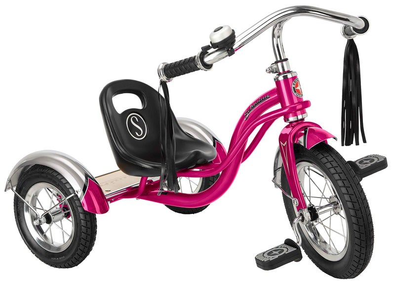Schwinn Roadster Bike for Toddler Kids Classic Tricycle Low Positioned Steel Trike Frame w Bell Handlebar Tassels Rear Deck Made of Genuine Wood Boys and Girls Ages 24 Year Old Bright Pink - Image 2