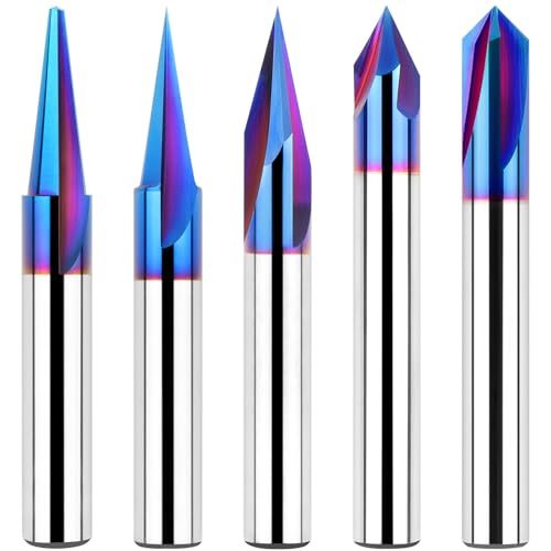 EANOSIC 5PCS CNC Wood Carving Router Bits Set, 1/4'' Shank, 15° Detail Carving Liner+ 20° Profile bit+30°+60°+ 90° V Groove Router Bit Set - Image 1