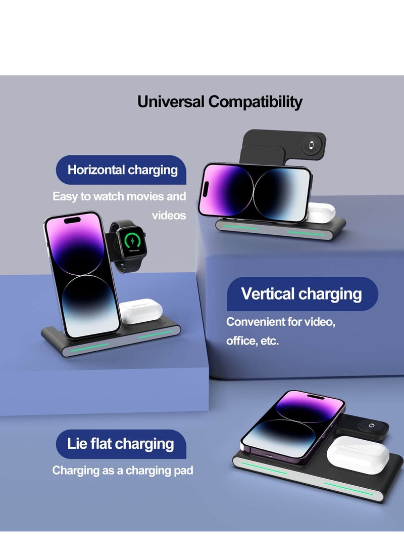 3-in-1 Wireless Charging Station for Apple Devices - Foldable Dock for iPhone 14/13/12/11/Pro/Max/XS/XR, iWatch Series 7/6/SE/5/4/3/2, AirPods Pro/3/2/1 - Black - Image 2