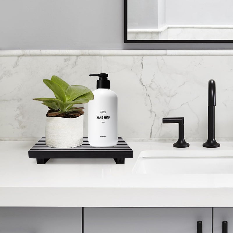 Renawe Black Bathroom Counter Organizer Wooden Display Pedesta Stand Kitchen Countertop Trays Farmhouse Wood Riser Dish Soap Dispenser Holder for Bathroom Decor Kitchen Sink Accessories Vanity Tray - Image 3