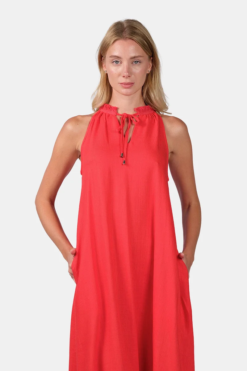 فيرجيو Solid Linen Halter Flared Midi Dress for Women