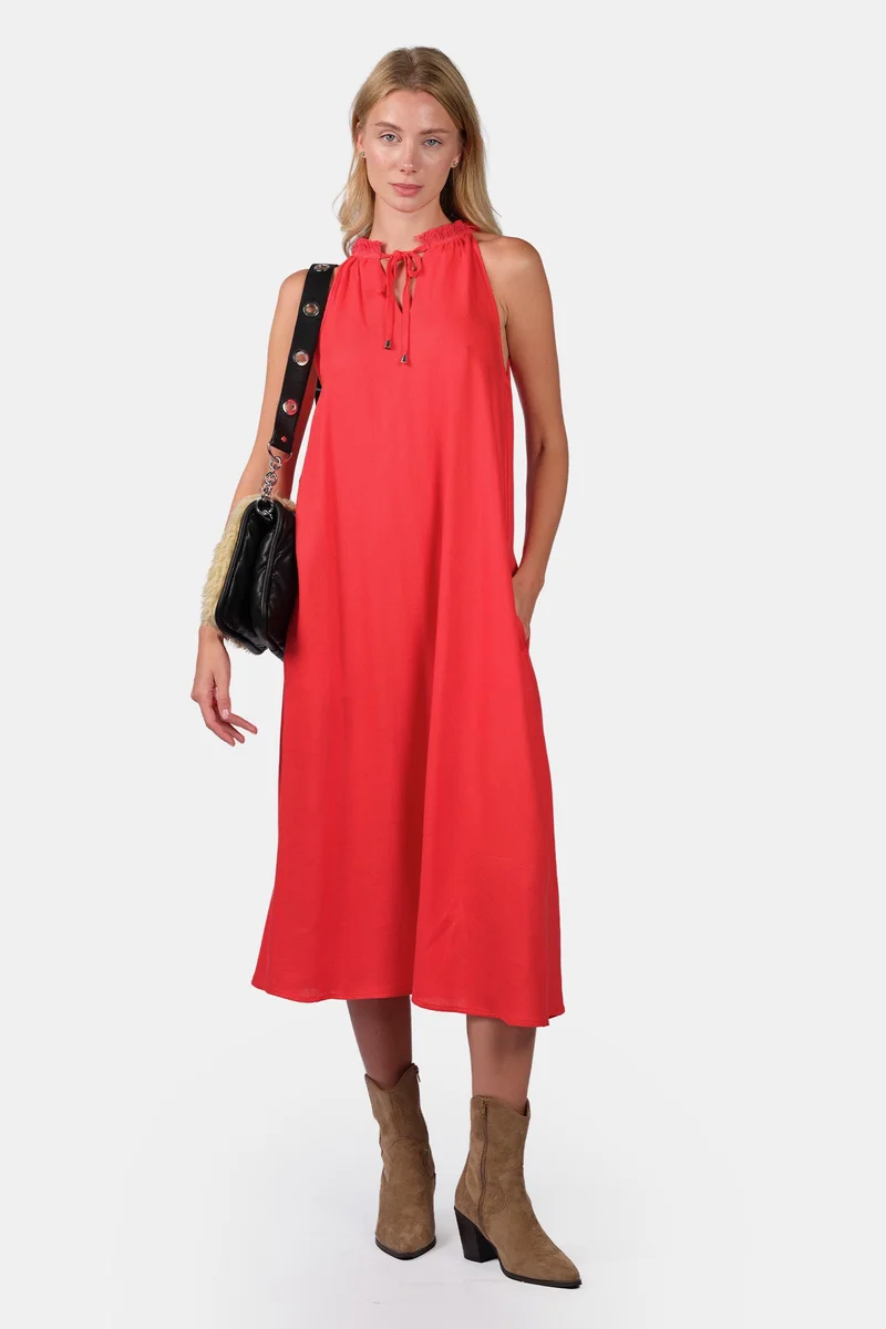 فيرجيو Solid Linen Halter Flared Midi Dress for Women