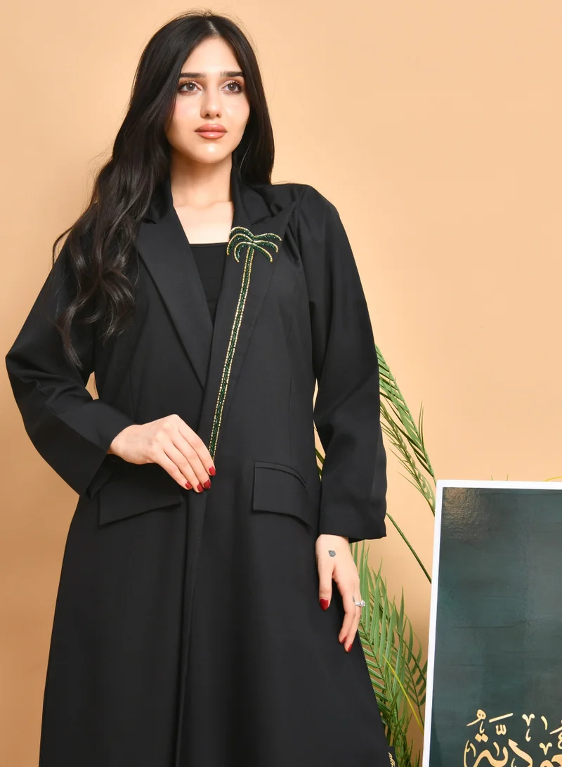 HAWRAA ABAYA Elegant black blazer with inner lining, hand-stitched collar, and prominent pockets - Saudi National Day design