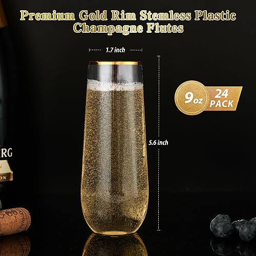 FOCUSLINE 24 Pack 9 Oz Plastic Stemless Gold Rim Champagne Flutes, Heavy Duty, Shatterproof, Disposable & Reusable Crystal Clear Toasting Glasses - Image 5