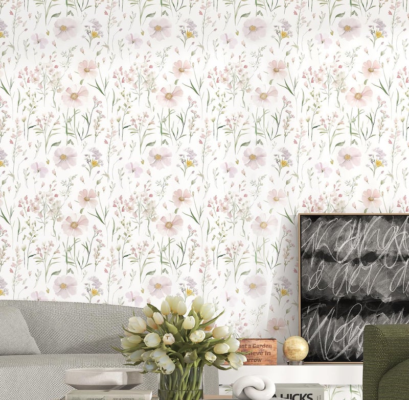 HELLKIT Floral Peel and Stick Wallpaper Boho Contact Paper Self Adhesive Removable Wallpaper Pink Floral 17.3''x78.7'' White Wildflowers Wall Paper for Bedroom Bathroom Art Deco Wall Papers Vinyl Roll - Image 3