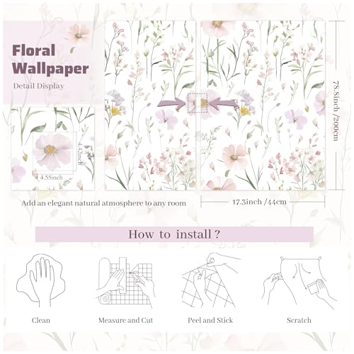 HELLKIT Floral Peel and Stick Wallpaper Boho Contact Paper Self Adhesive Removable Wallpaper Pink Floral 17.3''x78.7'' White Wildflowers Wall Paper for Bedroom Bathroom Art Deco Wall Papers Vinyl Roll - Image 2
