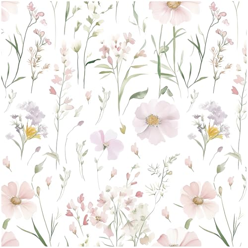 HELLKIT Floral Peel and Stick Wallpaper Boho Contact Paper Self Adhesive Removable Wallpaper Pink Floral 17.3''x78.7'' White Wildflowers Wall Paper for Bedroom Bathroom Art Deco Wall Papers Vinyl Roll - Image 1
