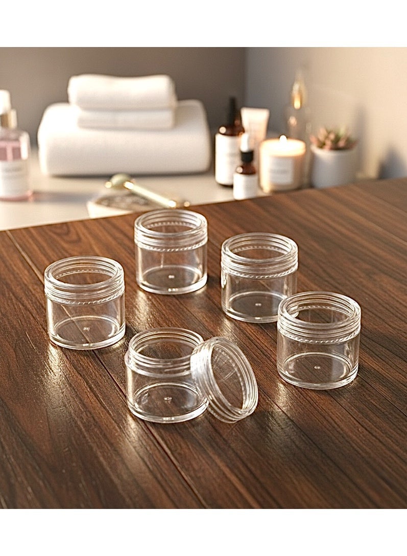 علب شفافة للتخزين، علب اكريلك دائرية لتخزين المكياج و مستحضرات التجميل، عدد 5 حبات من العلب الحافظة، حاويات صغيرة الحجم مع اغطية، برطمانات شفافة منظمة الشكل و مستديرة، علب شفافة مناسبة للسفر و تقسيم الكريمات و تنظيم منتجات التجميل، علبة اكرلك فارغة ، 4*3سم. - Image 1