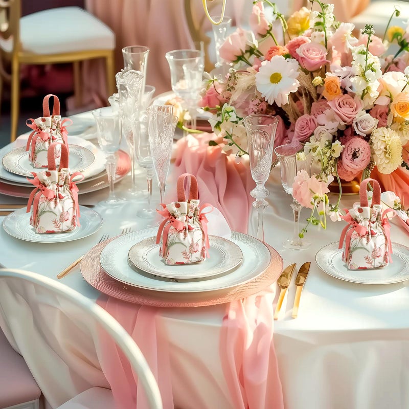 Liobelon 8 Pieces Floral Mini Gift Bags with Handles 14x9.5x6cm/5.5x3.7x2.3inch Canvas Small Candy Bag Tea Party Favor Bags for Party, Wedding, Bridal Shower, Valentine's Day, Mother's Day - Image 2