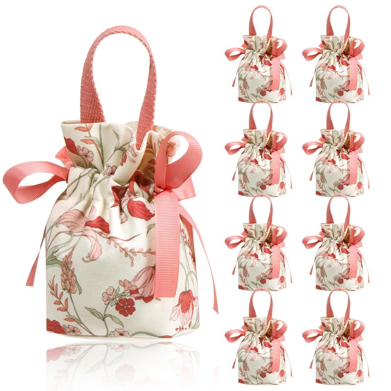 Liobelon 8 Pieces Floral Mini Gift Bags with Handles 14x9.5x6cm/5.5x3.7x2.3inch Canvas Small Candy Bag Tea Party Favor Bags for Party, Wedding, Bridal Shower, Valentine's Day, Mother's Day - Image 1