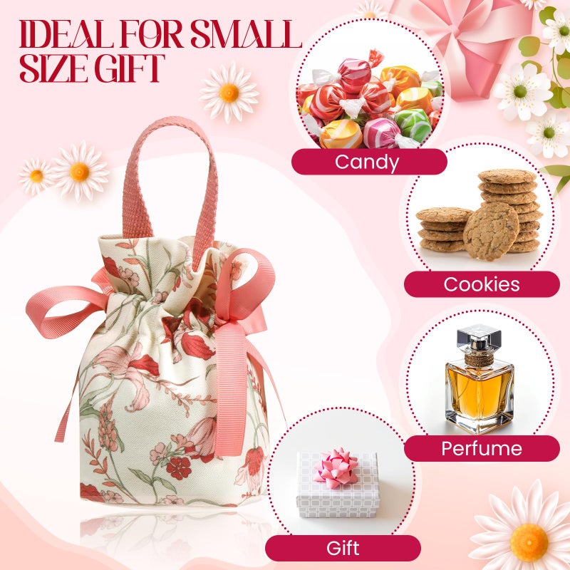 Liobelon 8 Pieces Floral Mini Gift Bags with Handles 14x9.5x6cm/5.5x3.7x2.3inch Canvas Small Candy Bag Tea Party Favor Bags for Party, Wedding, Bridal Shower, Valentine's Day, Mother's Day - Image 5