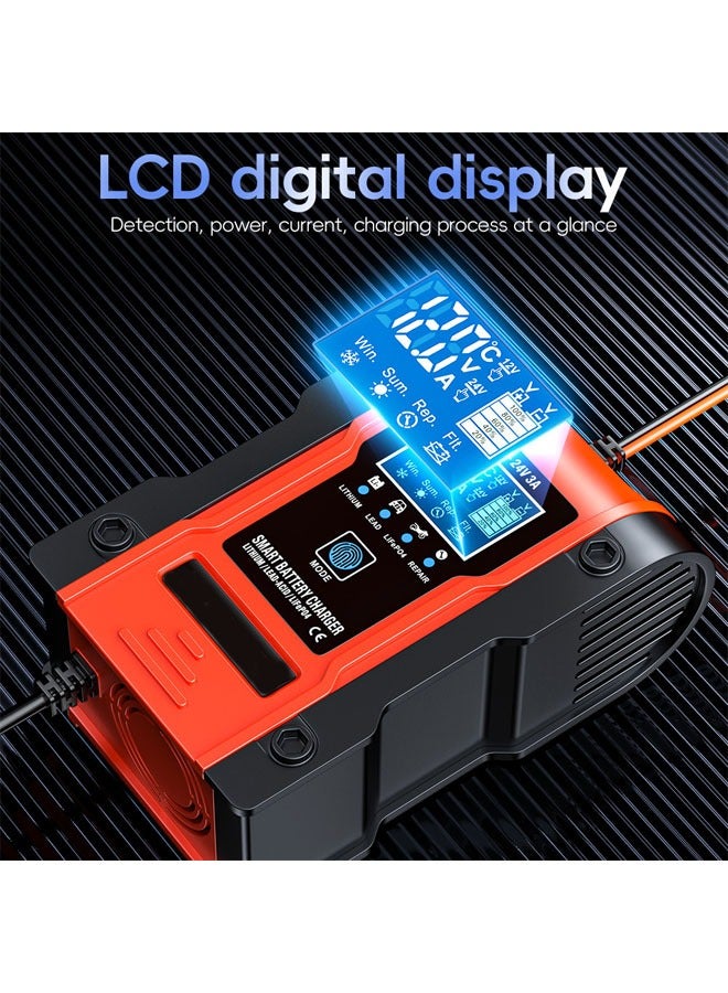 AL RAID Car Battery Charger, Lithium Battery Charger, 12V/12A 24V/6A Intelligent Automatic Battery Charger/Maintainer with Pulse Repair Function for Lithium/Lead-Acid/LiFePO4 Batteries - Image 3