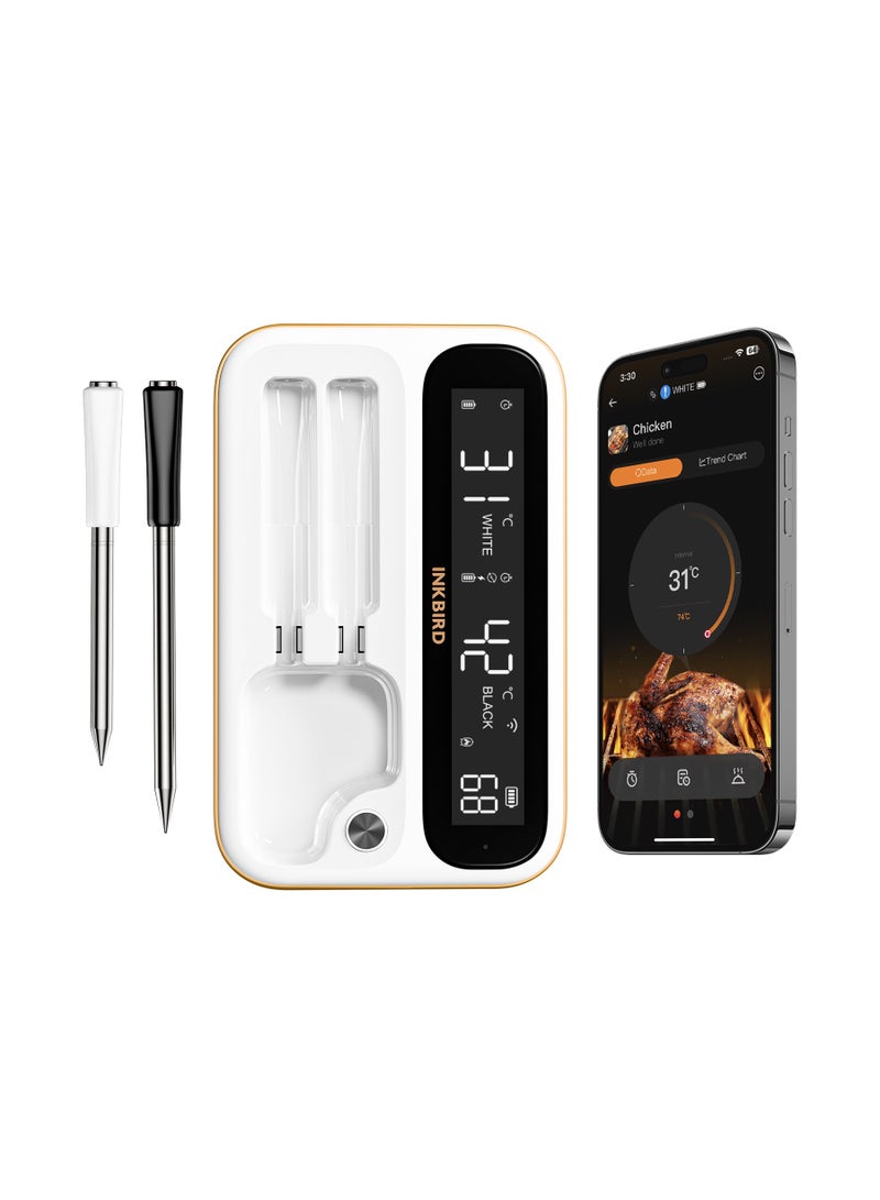 إنك بيرد مقياس حرارة INKBIRD اللاسلكي للشواء INT-12-BW - مجسات طويلة وقصيرة، واي فاي 5G/2.4G وبلوتوث 5.4، شاشة LCD مضاءة خلفيًا بكامل الزاوية، مقاوم للماء IP67، تخزين بيانات دون اتصال لمدة 80 دقيقة، مثالي للطهي اليومي