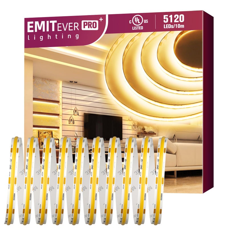 EMITEVER COB LED Strip Lights Warm White, 3000K Tape Light Premium High Density, DC 24V, 360+Lumens/ft, 5120LEDs/Spool, Ra 90+, 32.8ft/10m, UL Listed 5 Year After-Service(Power Supply Sold Separately) - Image 1