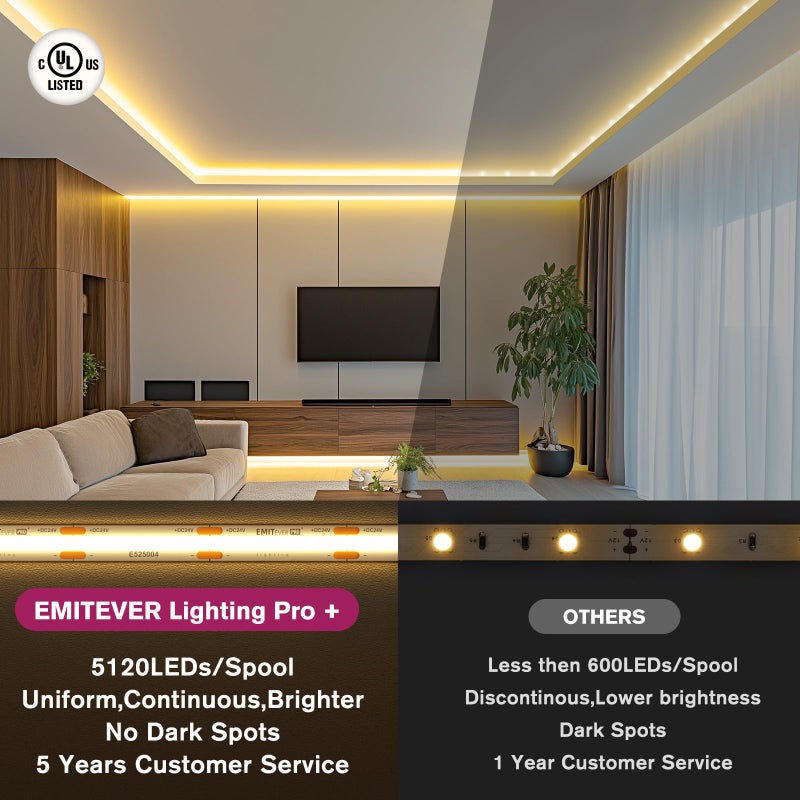 EMITEVER COB LED Strip Lights Warm White, 3000K Tape Light Premium High Density, DC 24V, 360+Lumens/ft, 5120LEDs/Spool, Ra 90+, 32.8ft/10m, UL Listed 5 Year After-Service(Power Supply Sold Separately) - Image 3