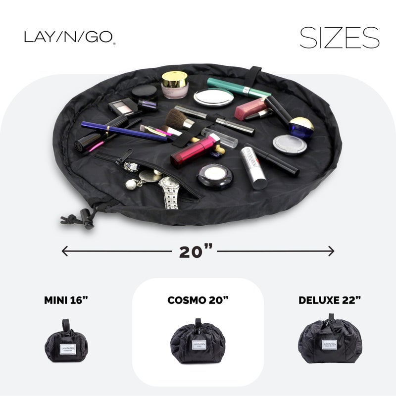 Lay-n-Go حقيبة مكياج وتنظيم مستحضرات التجميل Lay-n-Go Cosmo مع سحاب - حقيبة مكياج محمولة بحبل سحب مع جيب سحاب، حلقات مكياج والمزيد - حقيبة مكياج متينة وقابلة للغسل في الغسالة للسفر (20 بوصة، أسود) - Image 5