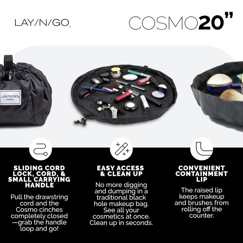 Lay-n-Go حقيبة مكياج وتنظيم مستحضرات التجميل Lay-n-Go Cosmo مع سحاب - حقيبة مكياج محمولة بحبل سحب مع جيب سحاب، حلقات مكياج والمزيد - حقيبة مكياج متينة وقابلة للغسل في الغسالة للسفر (20 بوصة، أسود) - Image 3