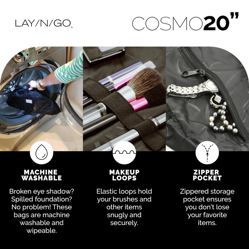 Lay-n-Go حقيبة مكياج وتنظيم مستحضرات التجميل Lay-n-Go Cosmo مع سحاب - حقيبة مكياج محمولة بحبل سحب مع جيب سحاب، حلقات مكياج والمزيد - حقيبة مكياج متينة وقابلة للغسل في الغسالة للسفر (20 بوصة، أسود) - Image 4