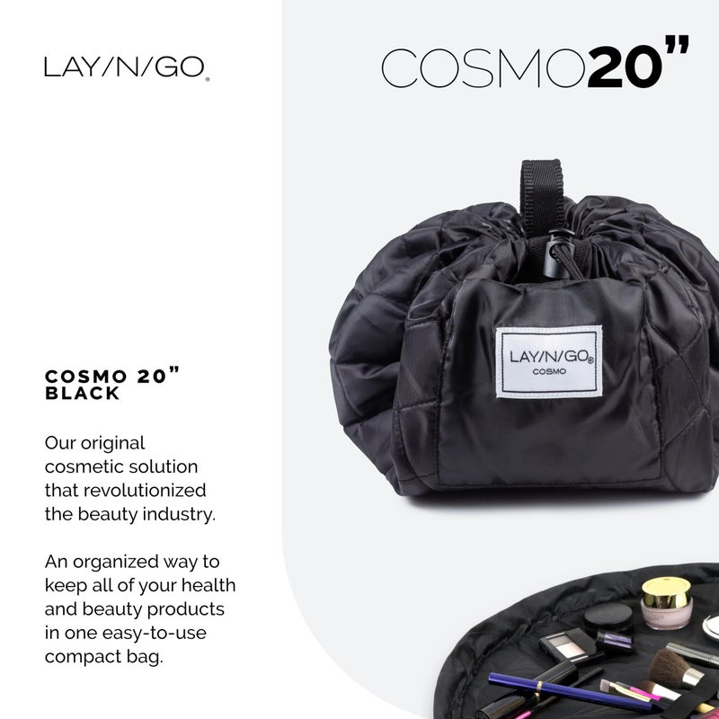 Lay-n-Go حقيبة مكياج وتنظيم مستحضرات التجميل Lay-n-Go Cosmo مع سحاب - حقيبة مكياج محمولة بحبل سحب مع جيب سحاب، حلقات مكياج والمزيد - حقيبة مكياج متينة وقابلة للغسل في الغسالة للسفر (20 بوصة، أسود) - Image 2