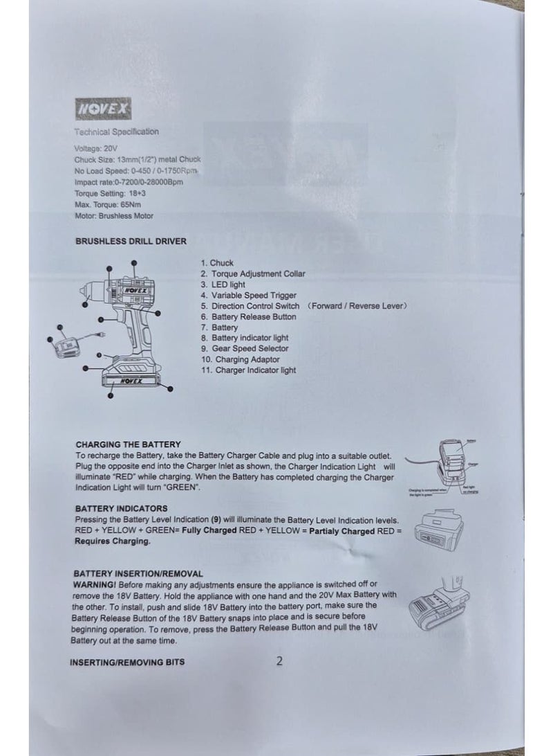 نوفيكس مثقاب NOVEX اللاسلكي بدون فرشاة بقدرة 20 فولت – عزم دوران قوي 65 نيوتن متر  ارتقِ بكفاءة عملك مع مثقاب NOVEX بقدرة 20 فولت المزود بمحرك بدون فرشاة، والمصمم لتوفير عزم هائل يصل إلى 65 نيوتن متر لإنجاز مهام الحفر والربط الثقيلة والأعمال الاحترافية. الخيار المثالي للمقاولين والفنيين وهواة الـDIY الذين يبحثون عن القوة والاعتمادية. - Image 5