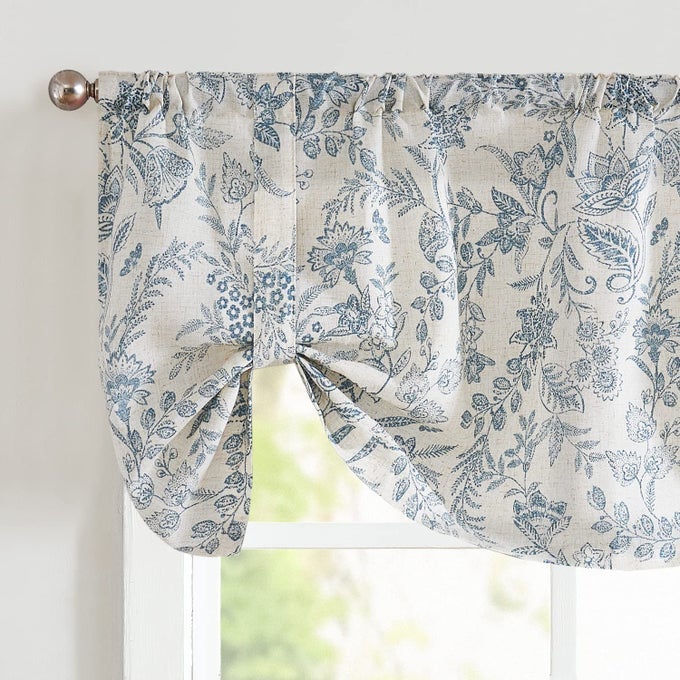 KITCHEN TIE UP VALANCE CURTAIN LINEN FLORAL FARMHOUSE VALANCE FOR LIVING ROOM BATHROOM BEDROOM COUNTRY VALANCES WINDOW TREATMENTS SMALL CAFE CURTIAN 20 INCH ROD POCKET 1 PANEL BLUE ON BEIGE