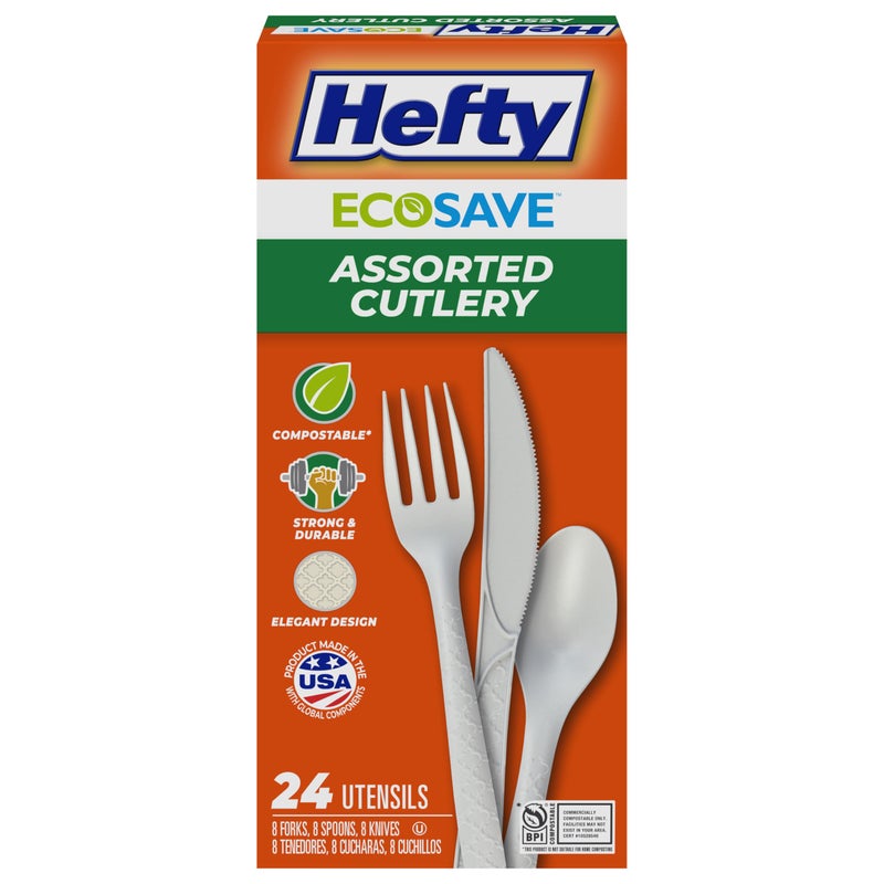 Hefty ECOSAVE Compostable Assorted Cutlery Set, Utensils for BBQs, Tailgates, Camping, Parties, and More, Includes 8 Forks, 8 Spoons, and 8 Knives, Compostable, Sustainable Design, 24 Count - Image 1