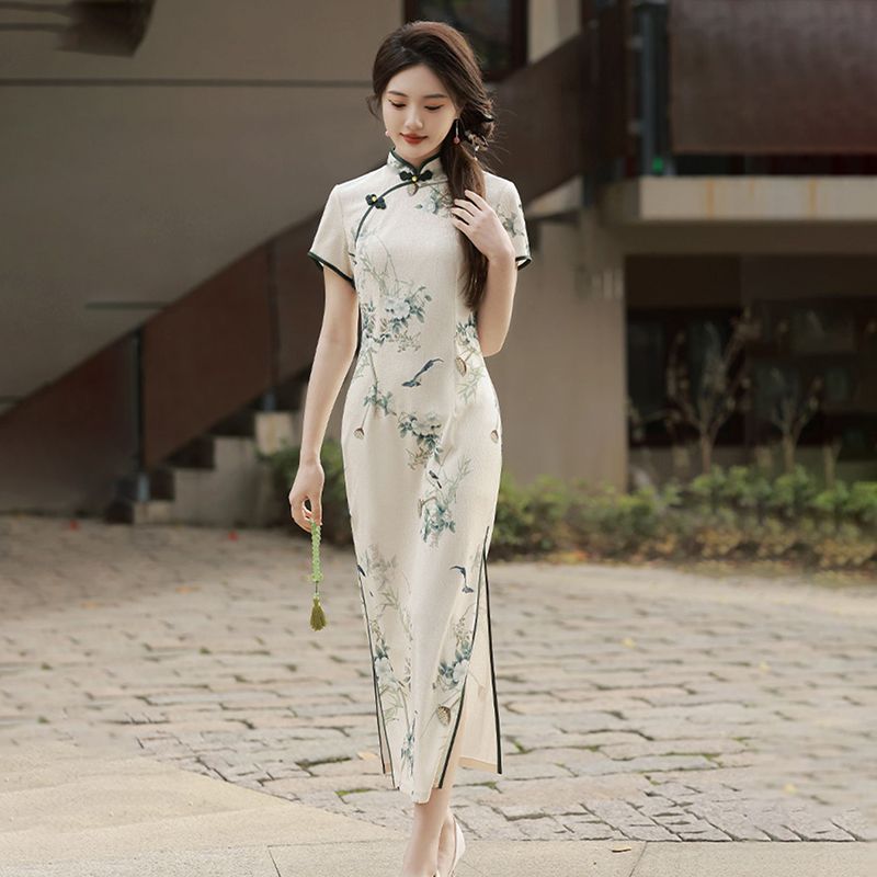 Fresh and elegant new Chinese style dress split national style summer 2024 new daily slim fit improved cheongsam atmosphere *misty rain jiangnan