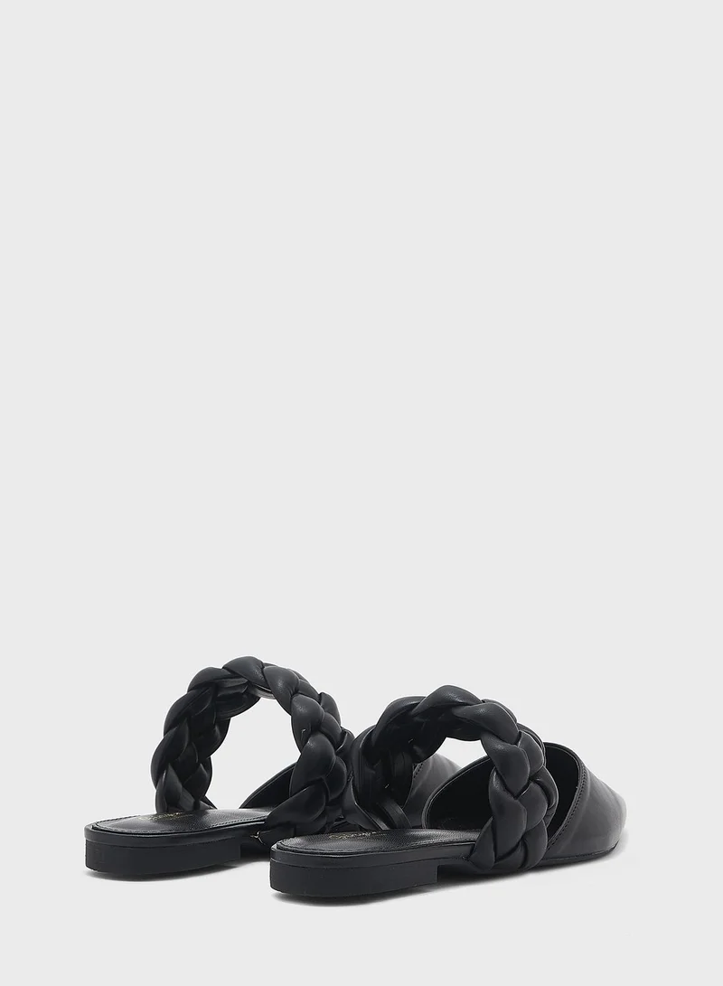 Ginger Plaited Pointed Slip On Flat Shoe Black
