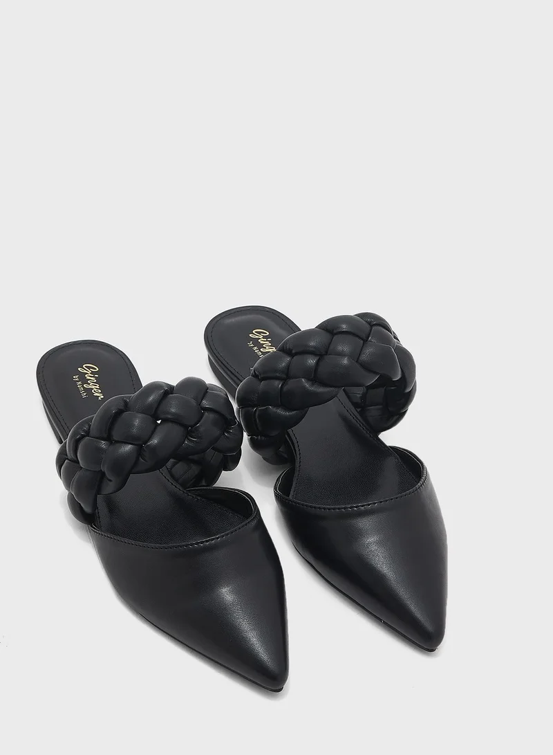 Ginger Plaited Pointed Slip On Flat Shoe Black