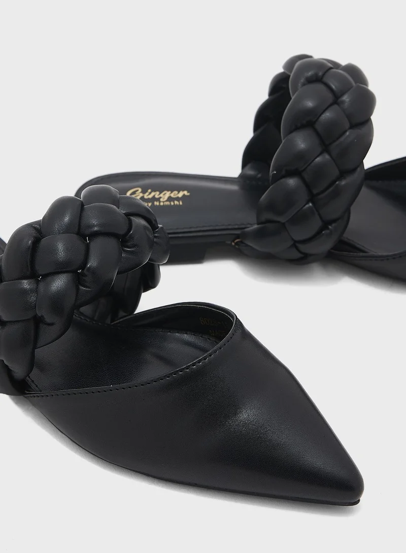 Ginger Plaited Pointed Slip On Flat Shoe Black