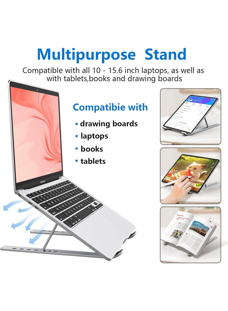 Eworld Laptop Stand for Desk – Aluminum Adjustable & Foldable Notebook Holder, Ergonomic Computer Riser with 7 Angles, Cooling Ventilation, Compatible with 10–15.6 Inch Laptops & Tablets (Silver) - Image 4
