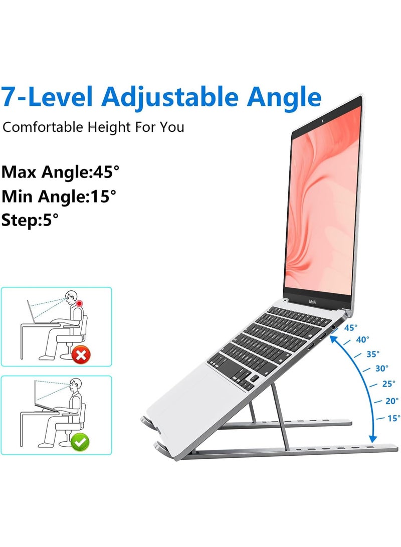 Eworld Laptop Stand for Desk – Aluminum Adjustable & Foldable Notebook Holder, Ergonomic Computer Riser with 7 Angles, Cooling Ventilation, Compatible with 10–15.6 Inch Laptops & Tablets (Silver) - Image 3