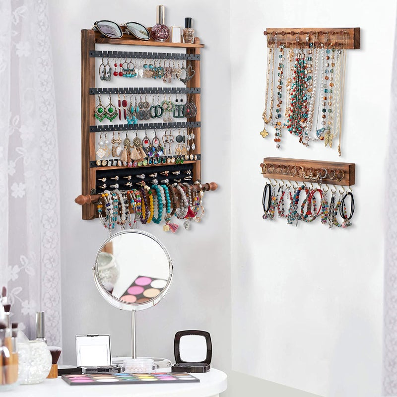 QILICHZ 3Pcs Jewelry Organizers and Storage,Wood Earring Organizer,Hanging Jewelry Organizer,Rustic Wall Jewellery Organizer,Wall Mounted Earring Holder for Storage Display Gift (Brown+Black) - Image 3