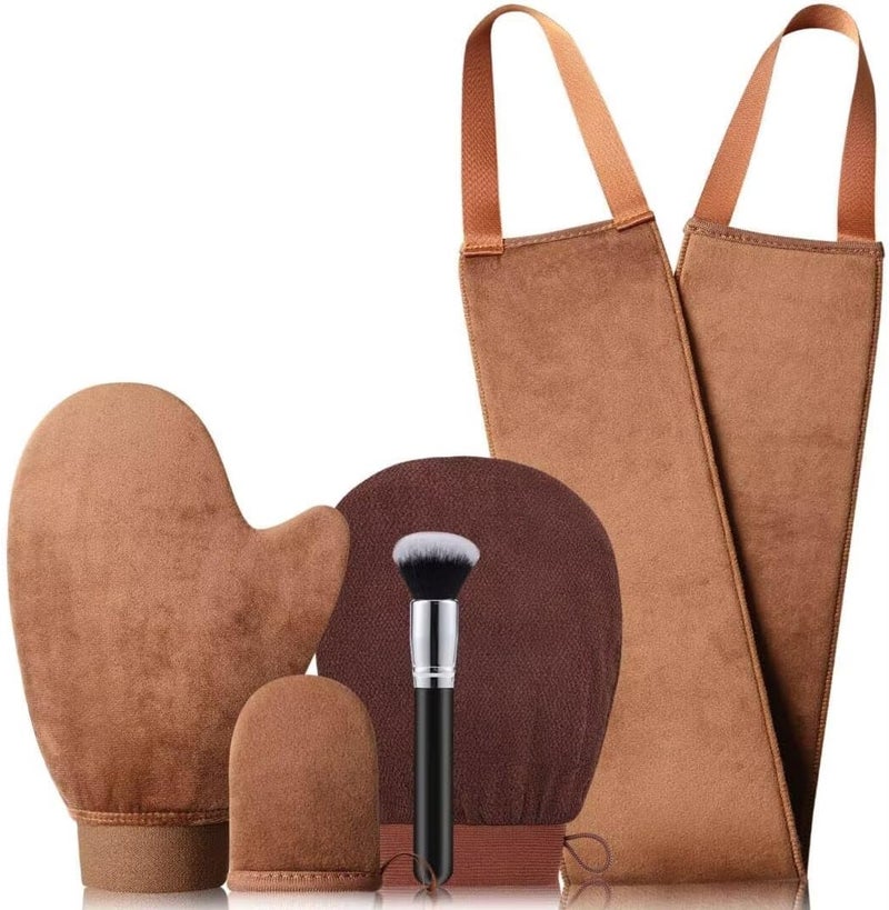 Self Tanning Mitt Set Fake Tan Mitt Glove Back Tanner Applicator Self Tan Mitt Lotion Applicator for Back Cream Tanning Brush for Body and Face Bronzer Brush
