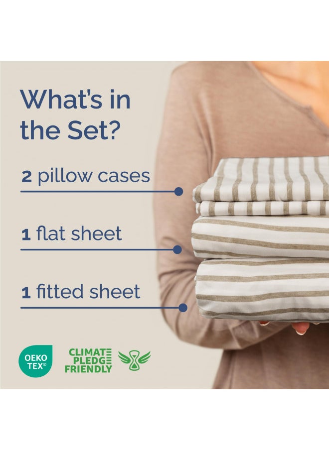 CGK Unlimited - King Size 4 Piece Sheet Set - Comfy Breathable & Cooling Sheets - Hotel Luxury Bed Sheets for Women & Men - Deep Pockets, Easy-Fit, Soft & Wrinkle Free Sheets - Beige Stripes Oeko-Tex Bed Sheet Set - Image 1