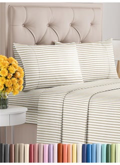 King Size 4 Piece Sheet Set - Comfy Breathable & Cooling Sheets - Hotel Luxury Bed Sheets for Women & Men - Deep Pockets, Easy-Fit, Soft & Wrinkle Free Sheets - Beige Stripes Oeko-Tex Bed Sheet Set