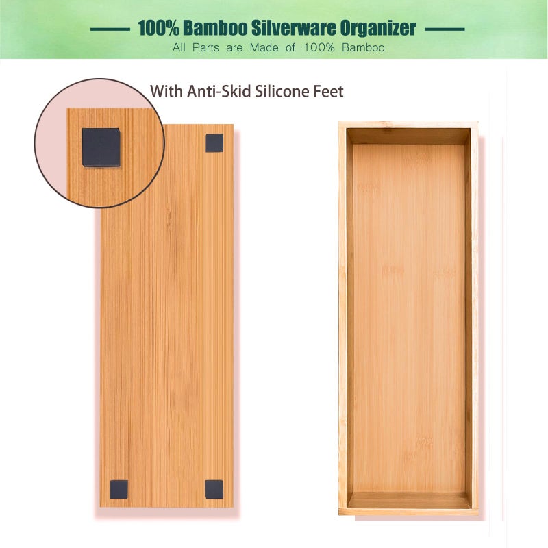 guiogc Silverware Drawer Organizer, Utensil Organizer, Bamboo Storage Box Wood Tray for Drawer Set of 2 - Image 3