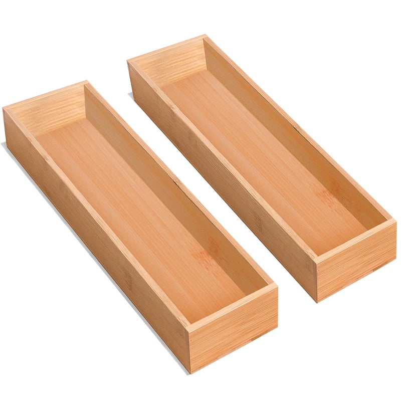 guiogc Silverware Drawer Organizer, Utensil Organizer, Bamboo Storage Box Wood Tray for Drawer Set of 2 - Image 1