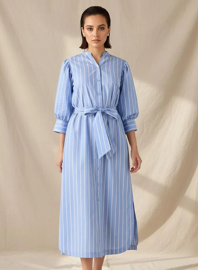 Striped Shirt Dress with Belt Cotton