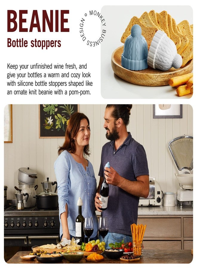 Monkey Business Beanie Cap Decorative Silicone Bottle Stopper in a Gift Box, Set of Two, Novelty Cork, Beverage and Wine Keeper, Champagne Bottle stoppers (Blue & Grey) - Image 2