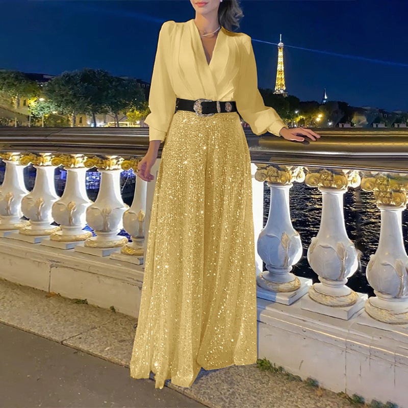 Elegant V-neck Dress with Sequin Wide Leg Pants gold belt style