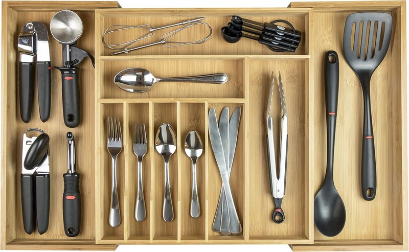 KitchenEdge Premium Silverware, Flatware and Utensil Organizer for Kitchen Drawers, Food-Safe Contract Grade, Expandable from 16 to 28 In, Natural Bamboo - Image 1