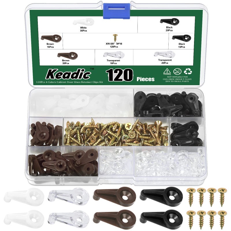 Keadic 240Pcs Plastic Cabinet Door Glass Retainer Clips Assortment Set with Screws 5mm Offsets TransparentWhiteBlackBrown Glass Window Screen Door Clip Holders for for Fixing Mirror Cabinet Door
