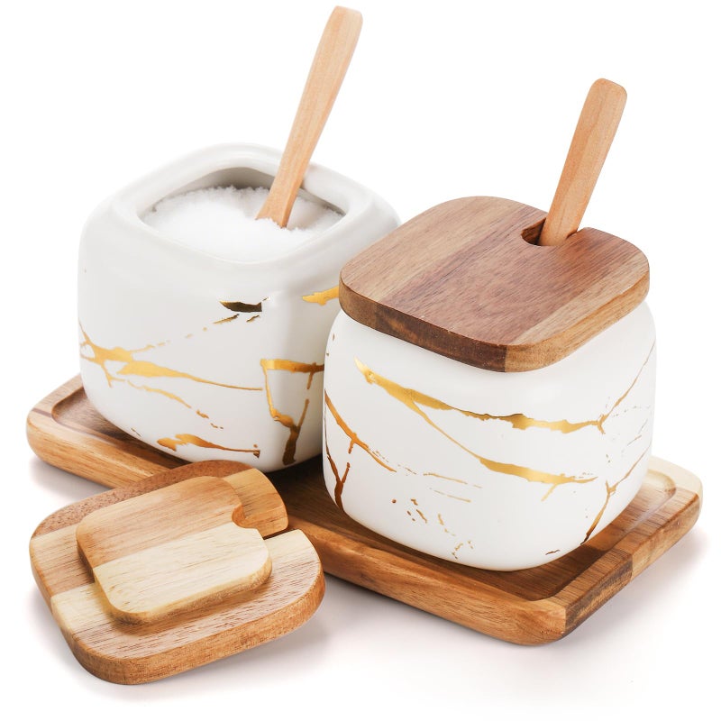 Dicunoy 2 Pack Ceramic Sugar Bowl with Lids and Spoons Salt and Sugar Container White Porcelain Sugar Coffee Container Condiment Spice Pots with Wooden Tray for Bar Table Kitchen Countertop