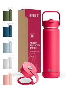 BEOLA 750ml Water Bottle 18/8 Stainless Steel 304 Double Wall Insulated Thermos Bottle with Straw Lid and wide mouth, 2 lids included, Hot Cold Liquids Sports Bottle, 24oz (Raspberry)  - Image 1