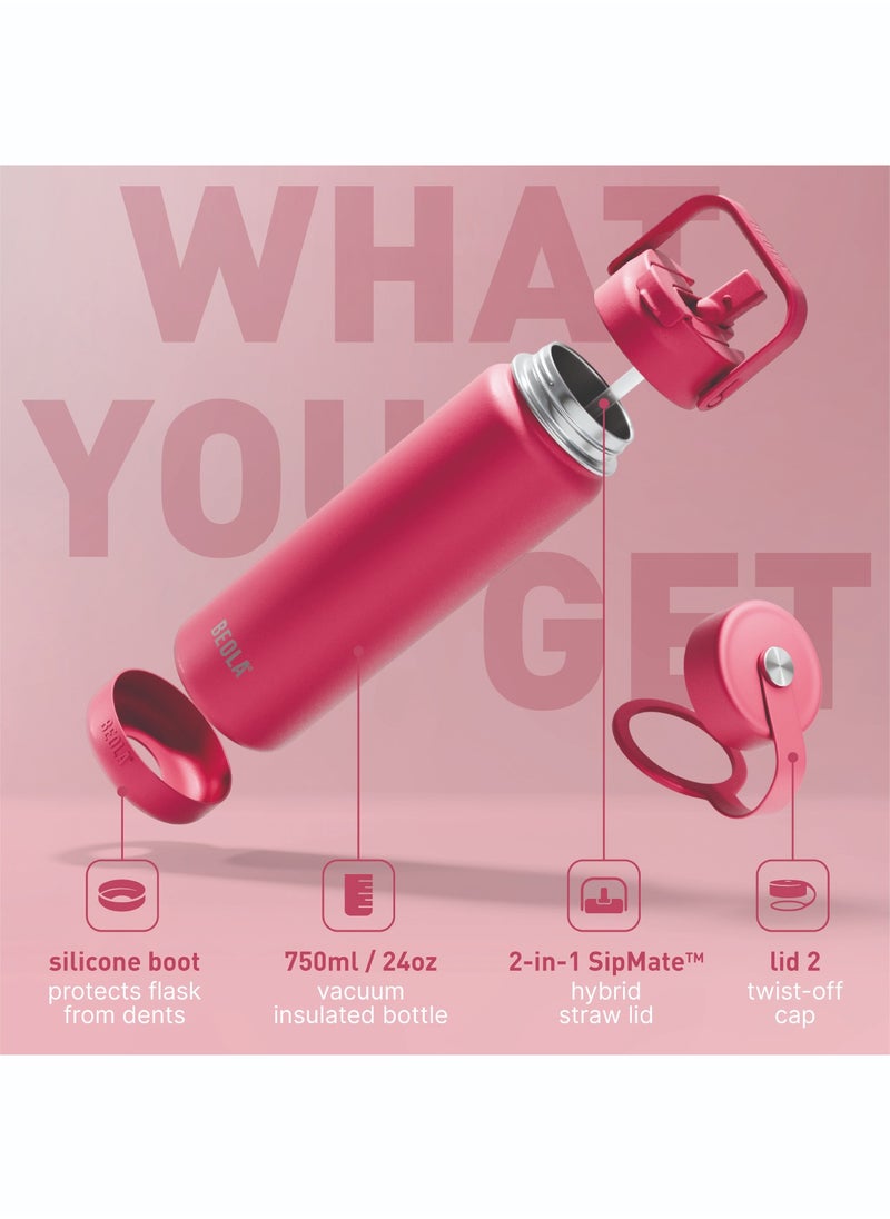 BEOLA 750ml Water Bottle 18/8 Stainless Steel 304 Double Wall Insulated Thermos Bottle with Straw Lid and wide mouth, 2 lids included, Hot Cold Liquids Sports Bottle, 24oz (Raspberry)  - Image 2